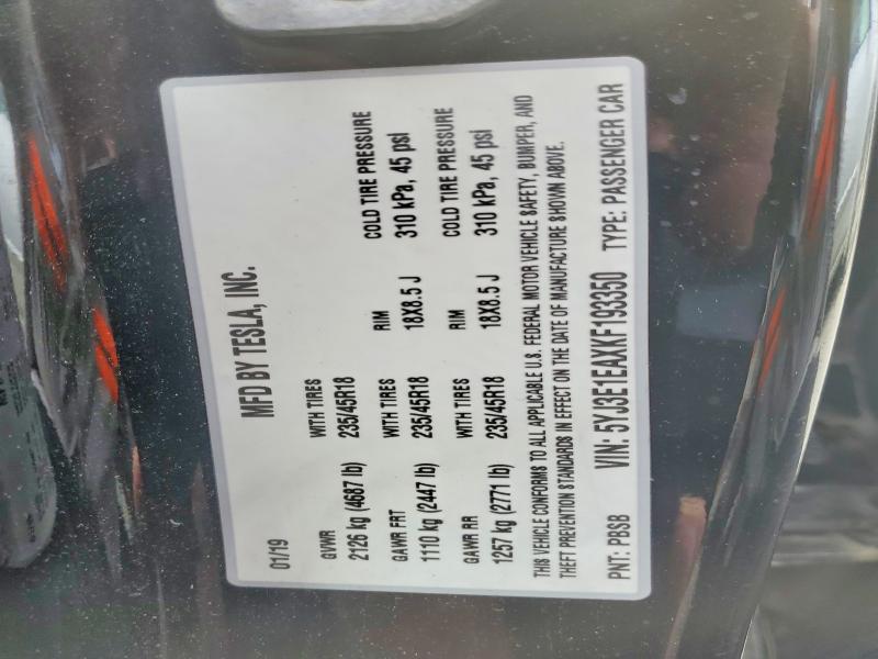 2019 Tesla Model 3 მანქანა იყიდება აუქციონზე, vin: 5YJ3E1EAXKF193350, აუქციონის ნომერი: 54136556