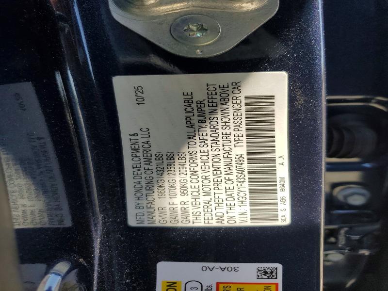 Aukcja sprzedaży 2025 Honda Accord, vin: 1HGCY1F43SA074954, numer aukcji: 52173376
