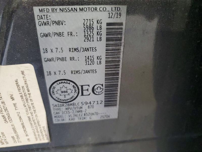 52926846 :رقم المزاد ، 5N1DR2BM8LC594712 vin ، 2020 Nissan Pathfinder مزاد بيع