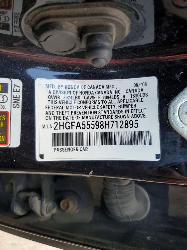 53713806 :رقم المزاد ، 2HGFA55598H712895 vin ، 2008 Honda Civic مزاد بيع