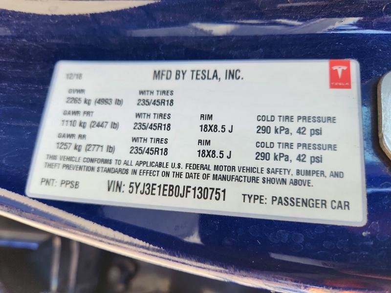 53102236 :رقم المزاد ، 5YJ3E1EB0JF130751 vin ، 2018 Tesla Model 3 مزاد بيع