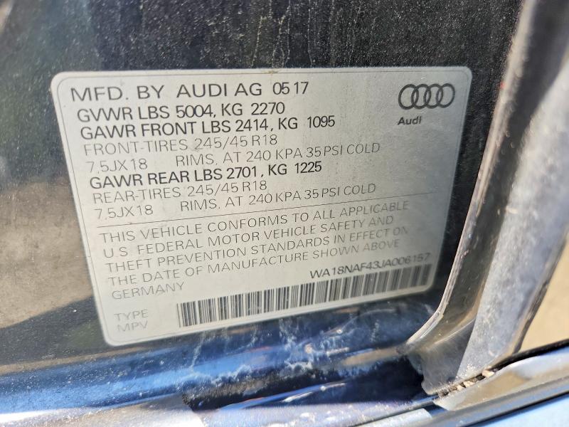 2018 Audi A4 Allroad მანქანა იყიდება აუქციონზე, vin: WA18NAF43JA006157, აუქციონის ნომერი: 53310276