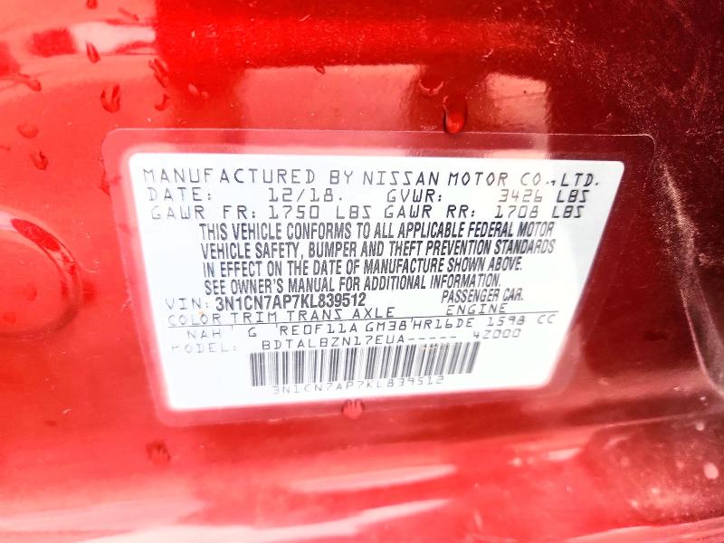 Aukcja sprzedaży 2019 Nissan Versa, vin: 3N1CN7AP7KL839512, numer aukcji: 53829926