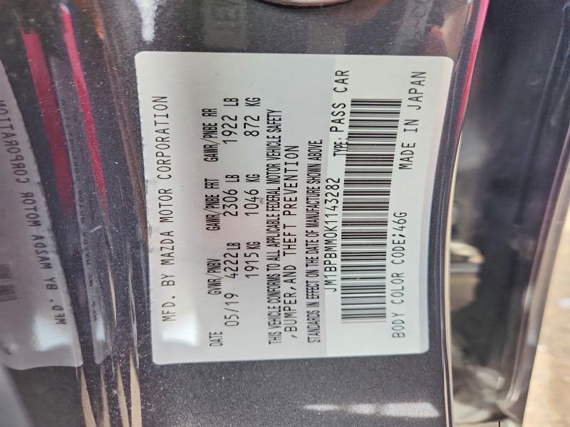 2019 Mazda 3 მანქანა იყიდება აუქციონზე, vin: JM1BPBMM0K1143282, აუქციონის ნომერი: 54606836