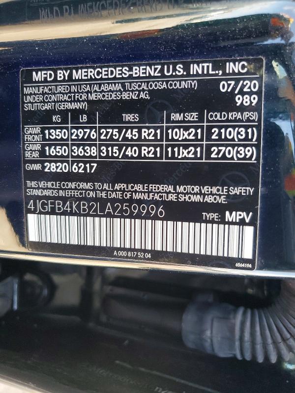 Aukcja sprzedaży 2020 Mercedes-benz Gle, vin: 4JGFB4KB2LA259996, numer aukcji: 53468786