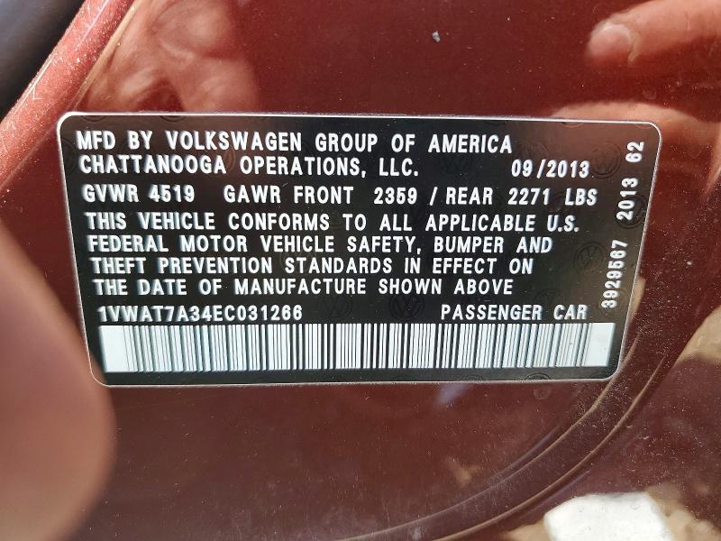2014 Volkswagen Passat მანქანა იყიდება აუქციონზე, vin: 1VWAT7A34EC031266, აუქციონის ნომერი: 52125286