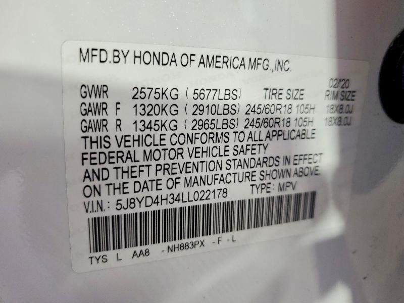 54077196 :رقم المزاد ، 5J8YD4H34LL022178 vin ، 2020 Acura Mdx مزاد بيع