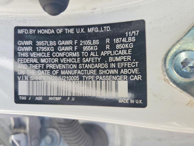 53400926 :رقم المزاد ، SHHFK7H20JU210005 vin ، 2018 Honda Civic مزاد بيع