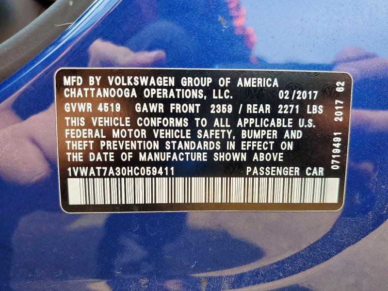 Aukcja sprzedaży 2017 Volkswagen Passat, vin: 1VWAT7A30HC059411, numer aukcji: 53789426