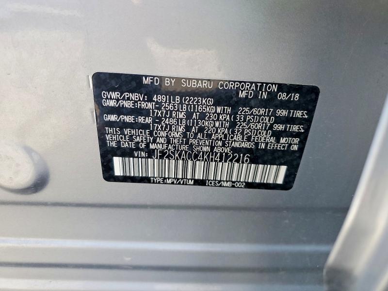 2019 Subaru Forester მანქანა იყიდება აუქციონზე, vin: JF2SKACC4KH412216, აუქციონის ნომერი: 52875516