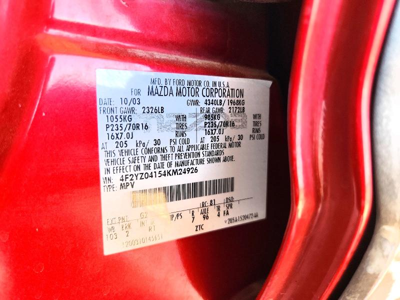 2004 Mazda Tribute მანქანა იყიდება აუქციონზე, vin: 4F2YZ04154KM24926, აუქციონის ნომერი: 53649556