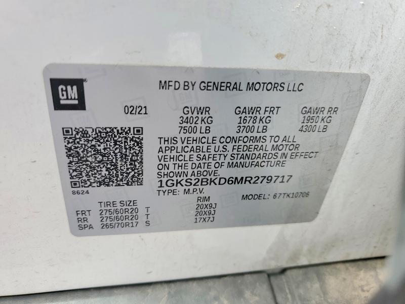 55419986 :رقم المزاد ، 1GKS2BKD6MR279717 vin ، 2021 Gmc Yukon مزاد بيع