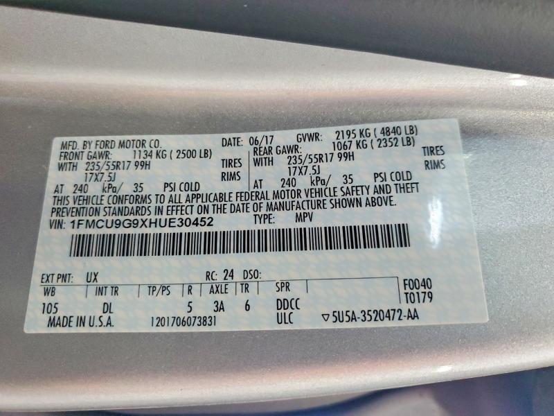 Продажа на аукционе авто 2017 Ford Escape, vin: 1FMCU9G9XHUE30452, номер лота: 55020416