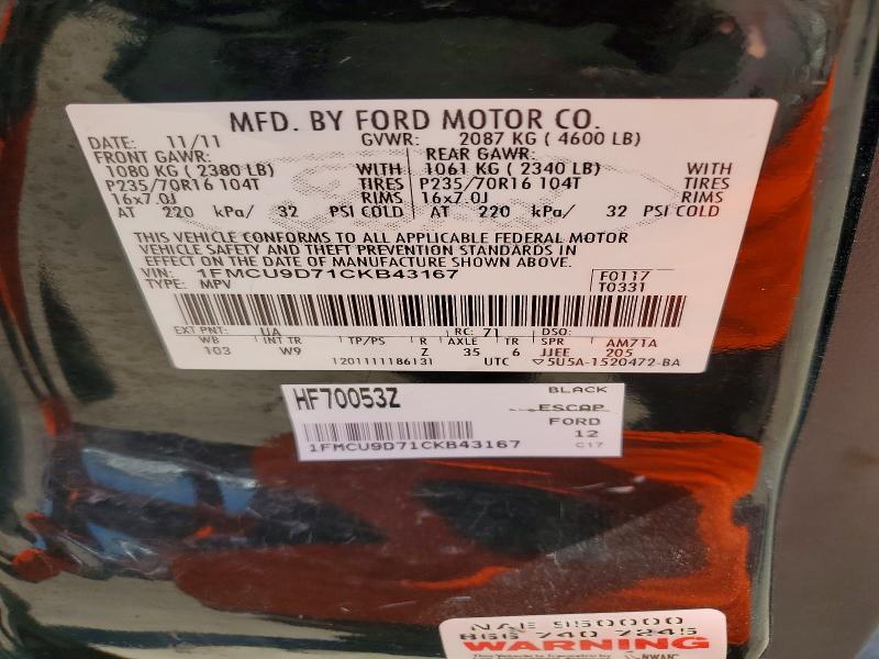 2012 Ford Escape მანქანა იყიდება აუქციონზე, vin: 1FMCU9D71CKB43167, აუქციონის ნომერი: 52820826