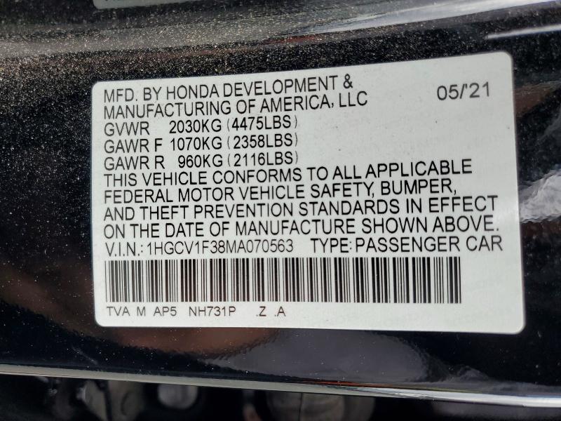 54872776 :رقم المزاد ، 1HGCV1F38MA070563 vin ، 2021 Honda Accord مزاد بيع