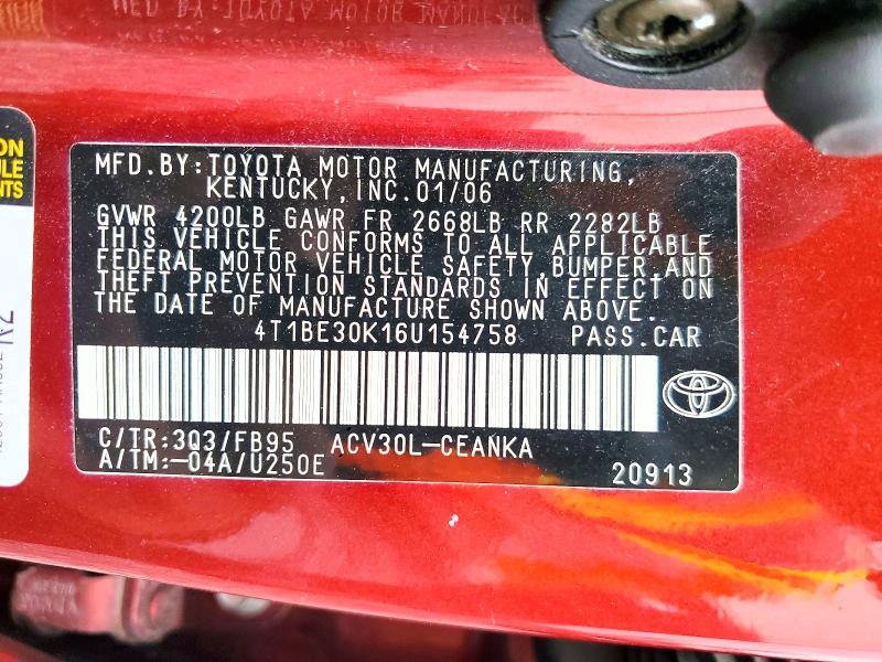 Aukcja sprzedaży 2006 Toyota Camry, vin: 4T1BE30K16U154758, numer aukcji: 54227226