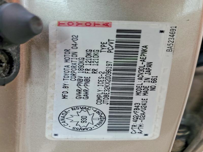 51845166 :رقم المزاد ، JTDBE32KX20096197 vin ، 2002 Toyota Camry مزاد بيع