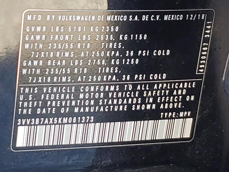 Продажа на аукционе авто 2019 Volkswagen Tiguan, vin: 3VV3B7AX5KM061373, номер лота: 52729386