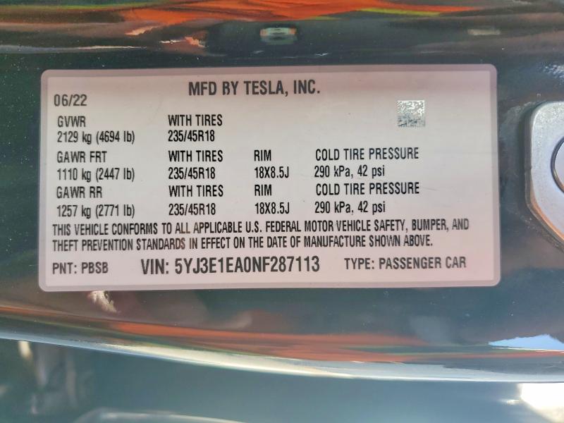 Aukcja sprzedaży 2022 Tesla Model 3, vin: 5YJ3E1EA0NF287113, numer aukcji: 53767136