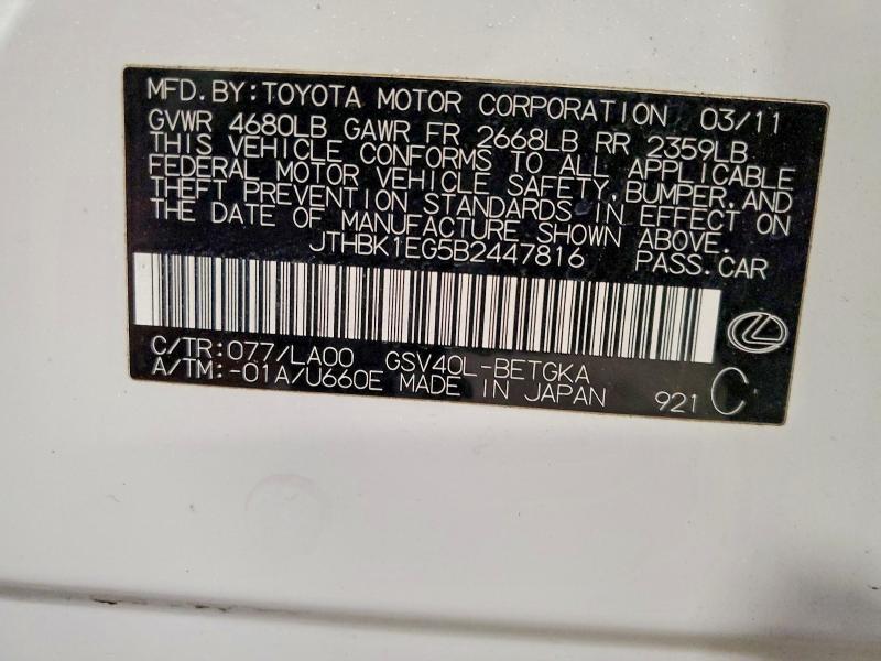 Продаж на аукціоні авто 2011 Lexus Es, vin: JTHBK1EG5B2447816, номер лоту: 53732866