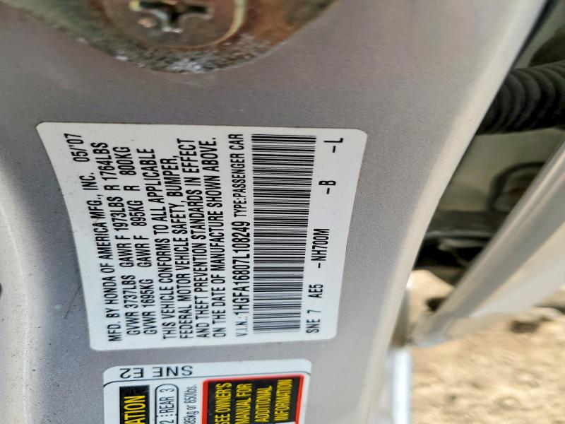 Aukcja sprzedaży 2007 Honda Civic, vin: 1HGFA16807L108249, numer aukcji: 53053086