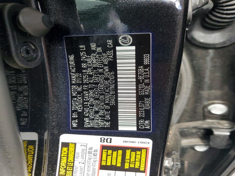 Aukcja sprzedaży 2022 Lexus Es 350, vin: 58ADZ1B11NU121076, numer aukcji: 52218206