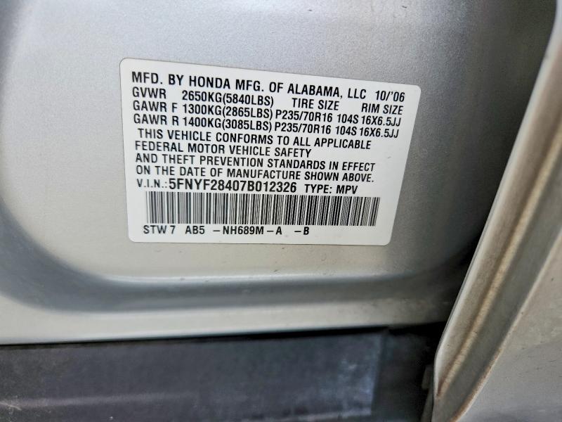 Продажа на аукционе авто 2007 Honda Pilot, vin: 5FNYF28407B012326, номер лота: 55133856