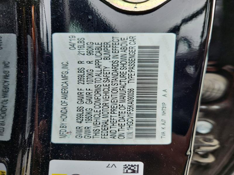 53715156 :رقم المزاد ، 1HGCV1F55KA090056 vin ، 2019 Honda Accord مزاد بيع