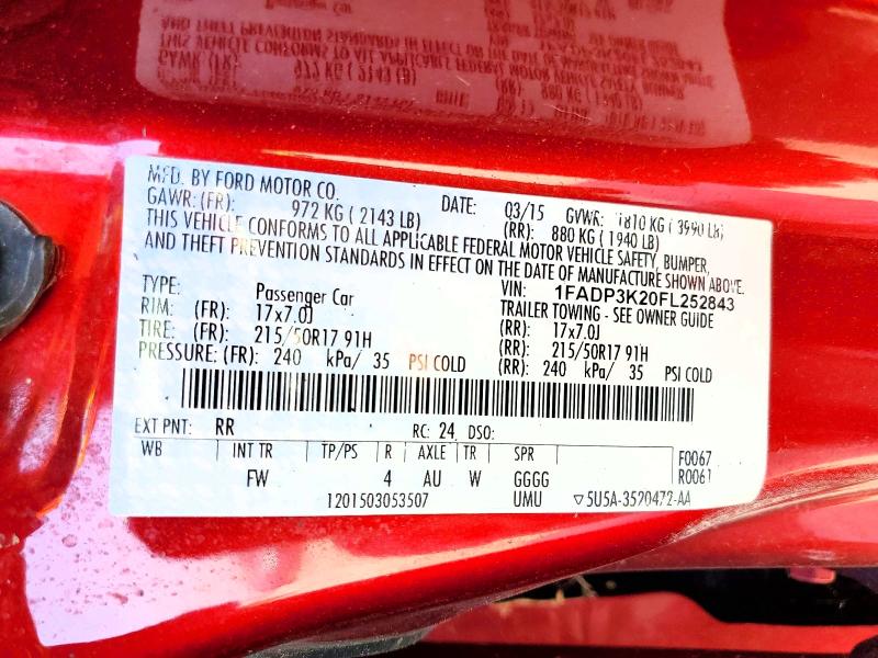 53672146 :رقم المزاد ، 1FADP3K20FL252843 vin ، 2015 Ford Focus مزاد بيع