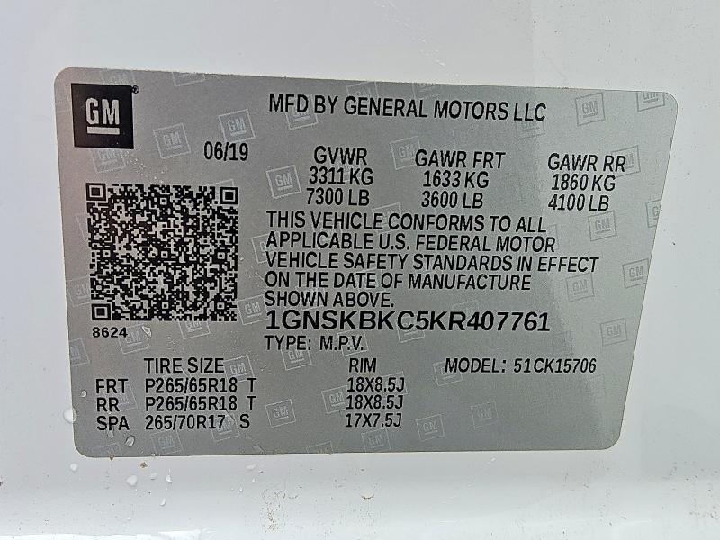 Продаж на аукціоні авто 2019 Chevrolet Tahoe, vin: 1GNSKBKC5KR407761, номер лоту: 53277236