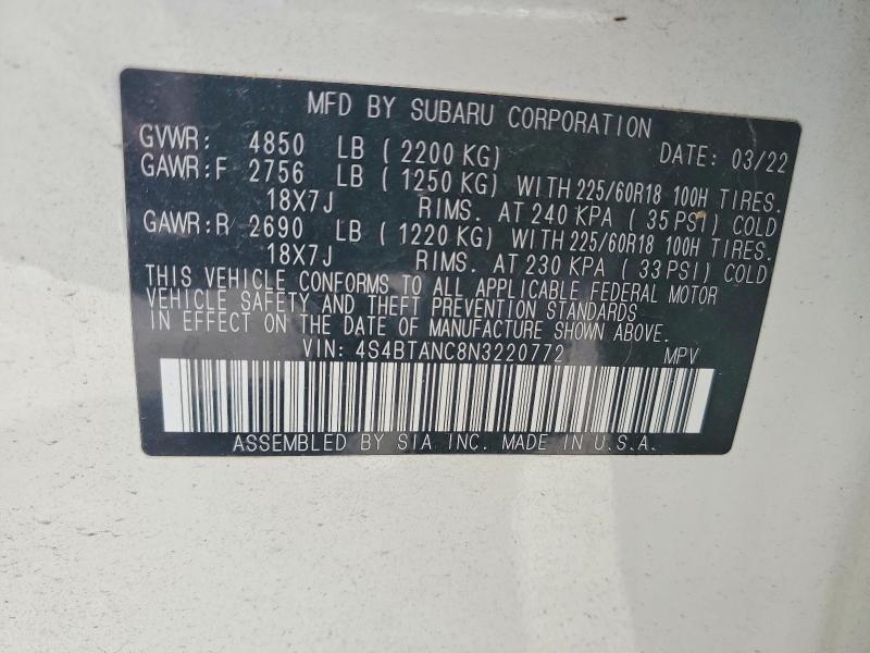 Aukcja sprzedaży 2022 Subaru Outback, vin: 4S4BTANC8N3220772, numer aukcji: 52316426