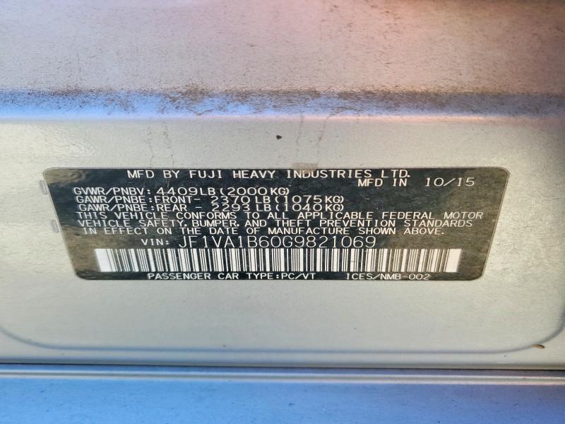 2016 Subaru Wrx მანქანა იყიდება აუქციონზე, vin: JF1VA1B60G9821069, აუქციონის ნომერი: 53816766