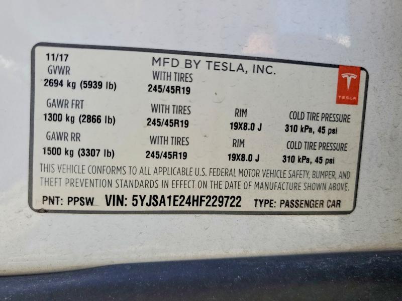 Aukcja sprzedaży 2017 Tesla Model S, vin: 5YJSA1E24HF229722, numer aukcji: 54789776