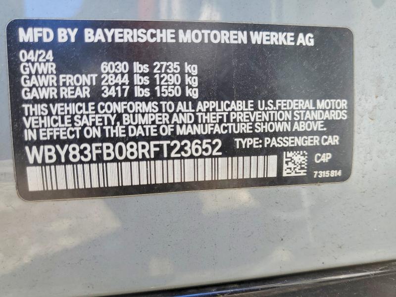 Aukcja sprzedaży 2024 Bmw I4, vin: WBY83FB08RFT23652, numer aukcji: 52530626