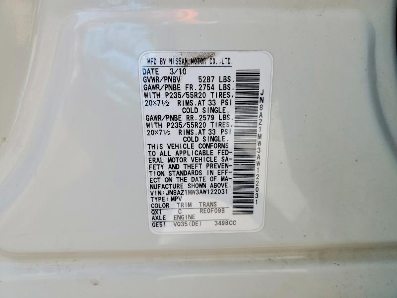 2010 Nissan Murano მანქანა იყიდება აუქციონზე, vin: JN8AZ1MW3AW122031, აუქციონის ნომერი: 54450286