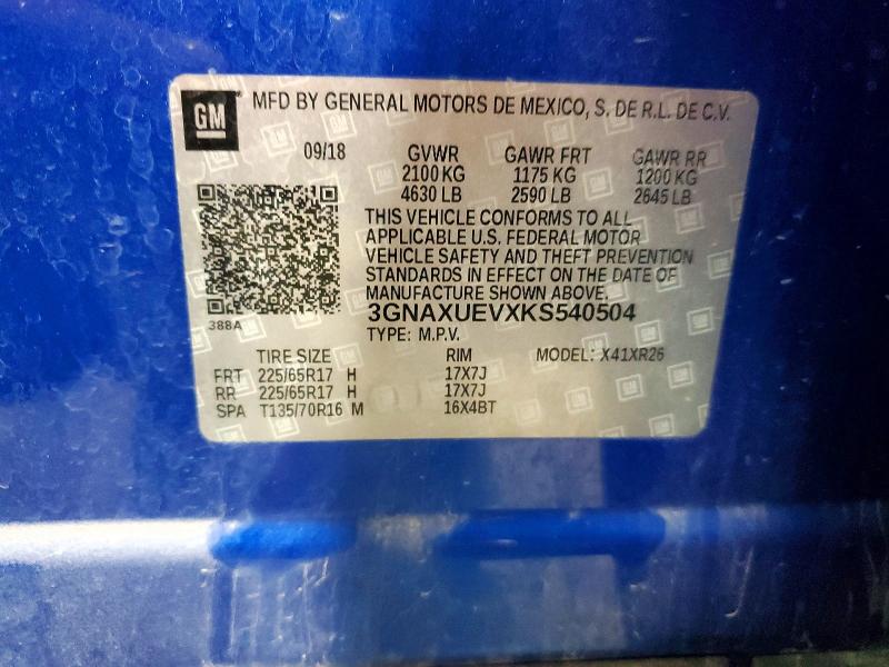 2019 Chevrolet Equinox მანქანა იყიდება აუქციონზე, vin: 3GNAXUEVXKS540504, აუქციონის ნომერი: 53213736