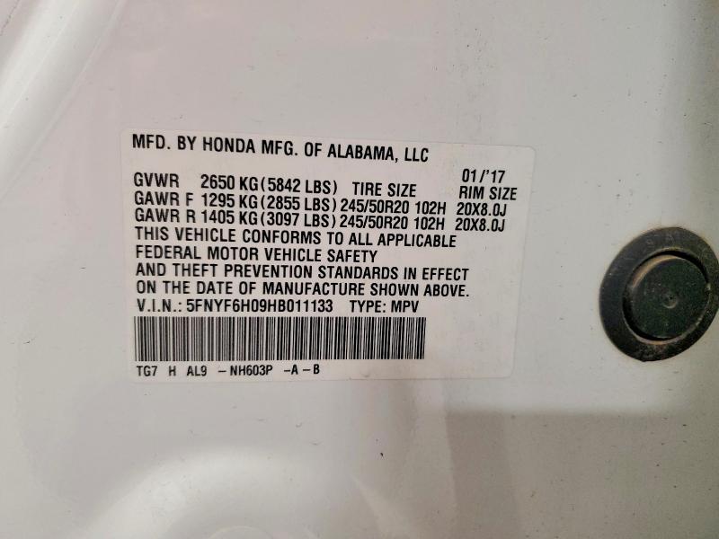 2017 Honda Pilot მანქანა იყიდება აუქციონზე, vin: 5FNYF6H09HB011133, აუქციონის ნომერი: 53140456