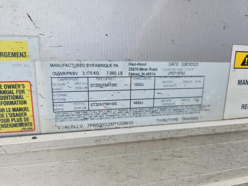 Продажа на аукционе авто 2023 Haul-about Trailer, vin: 7P6500G2XP1009810, номер лота: 53363766