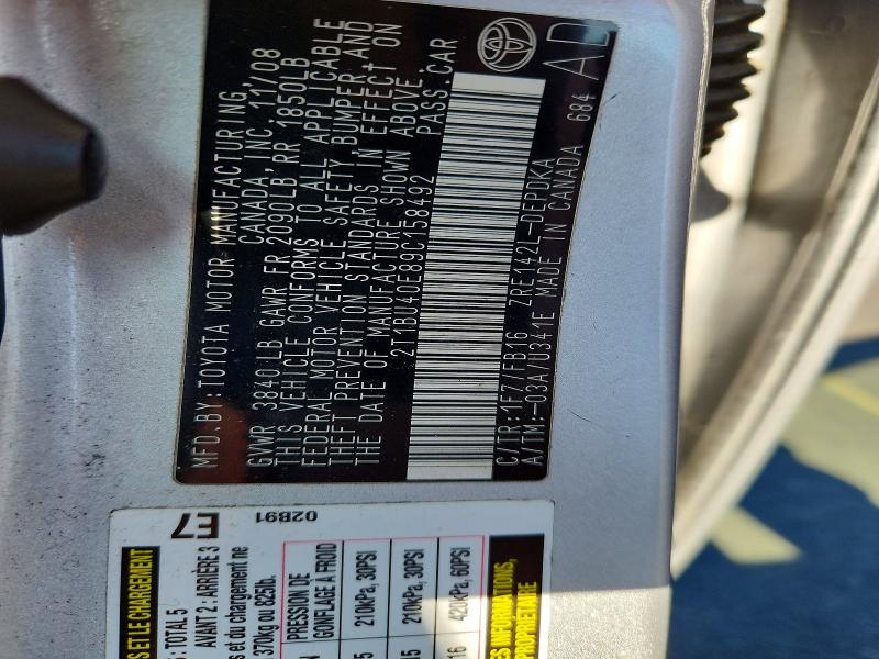 54537766 :رقم المزاد ، 2T1BU40E89C158492 vin ، 2009 Toyota Corolla مزاد بيع