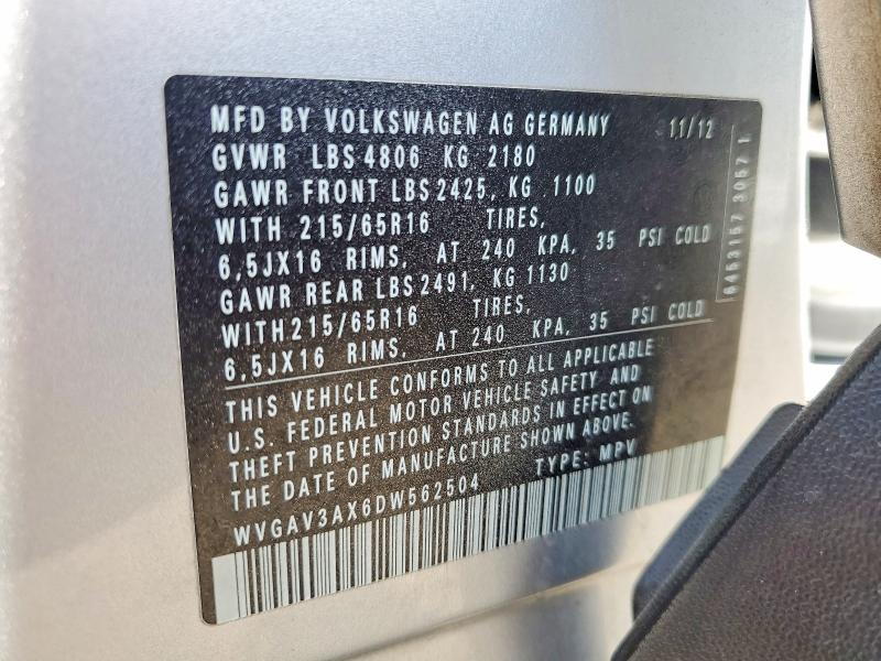 Aukcja sprzedaży 2013 Volkswagen Tiguan, vin: WVGAV3AX6DW562504, numer aukcji: 51986416