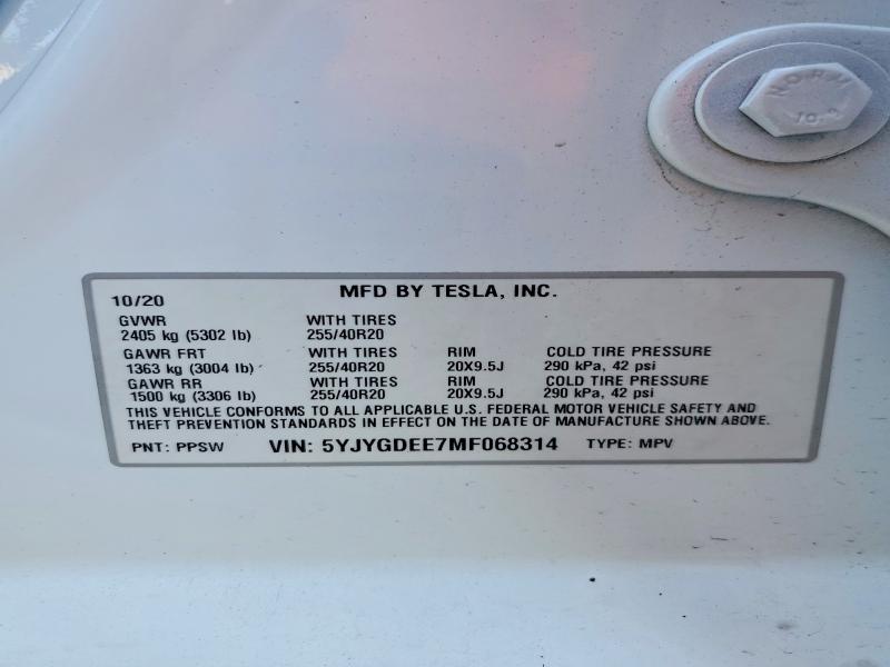 2021 Tesla Model Y მანქანა იყიდება აუქციონზე, vin: 5YJYGDEE7MF068314, აუქციონის ნომერი: 52413876