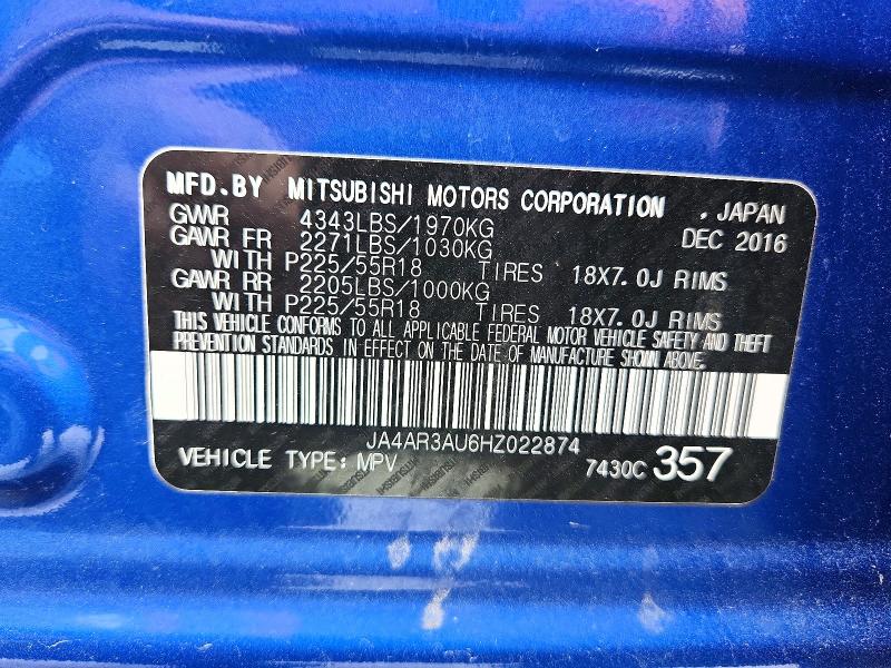 54044566 :رقم المزاد ، JA4AR3AU6HZ022874 vin ، 2017 Mitsubishi Outlander Sport مزاد بيع