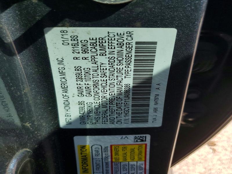 Продажа на аукционе авто 2018 Honda Accord, vin: 1HGCV1F11JA086386, номер лота: 53799696