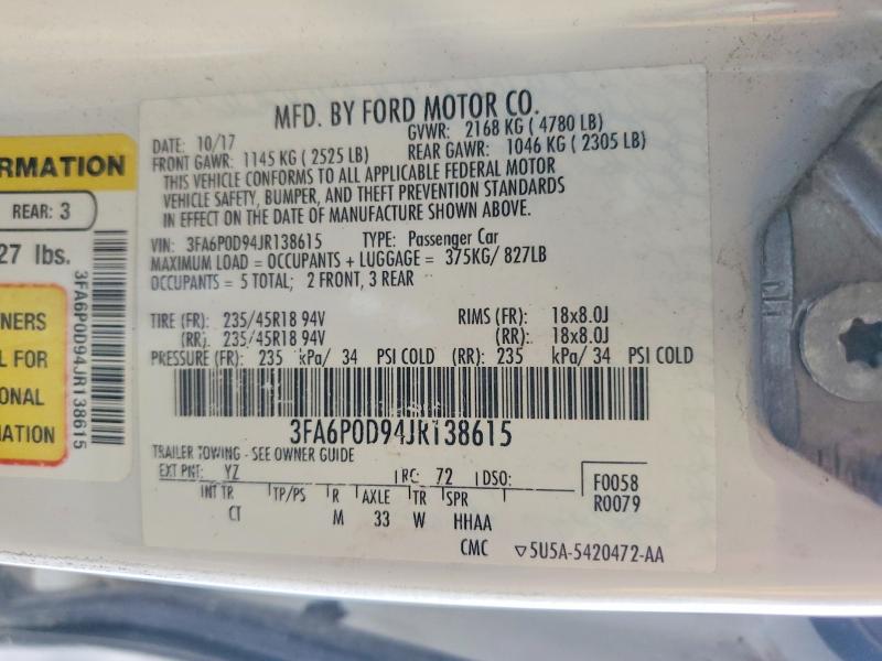 Aukcja sprzedaży 2018 Ford Fusion, vin: 3FA6P0D94JR138615, numer aukcji: 55178396