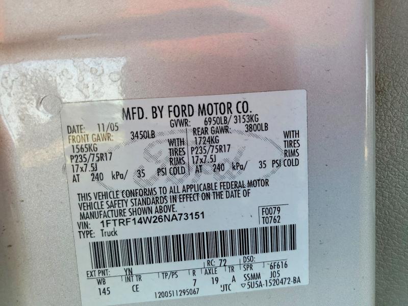 Продажа на аукционе авто 2006 Ford F150, vin: 1FTRF14W26NA73151, номер лота: 54319626