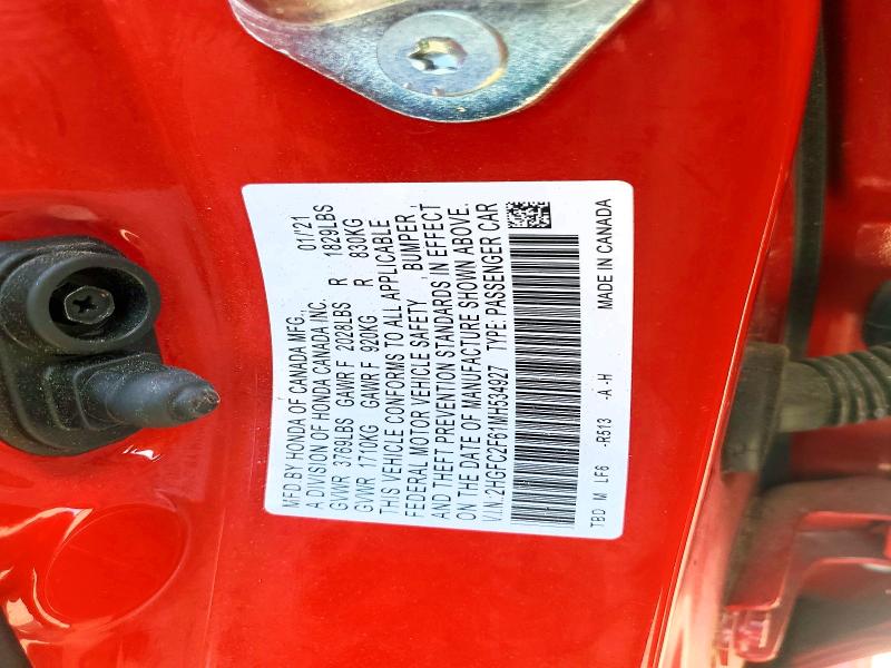 Продаж на аукціоні авто 2021 Honda Civic, vin: 2HGFC2F61MH534927, номер лоту: 54276346