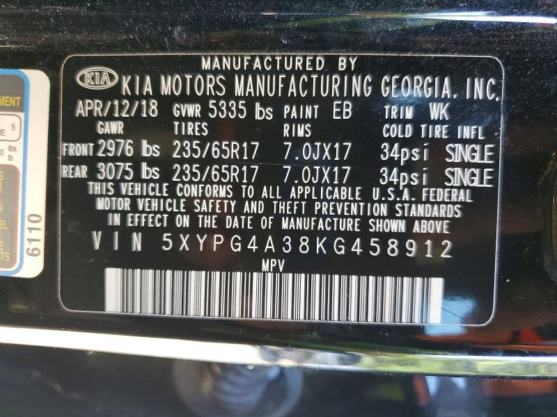 Продажа на аукционе авто 2019 Kia Sorento, vin: 5XYPG4A38KG458912, номер лота: 52150006