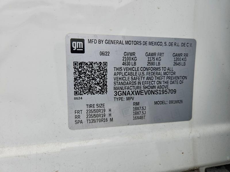 53698016 :رقم المزاد ، 3GNAXWEV0NS195709 vin ، 2022 Chevrolet Equinox مزاد بيع