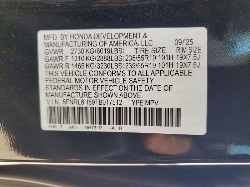 Продаж на аукціоні авто 2026 Honda Odyssey, vin: 5FNRL6H89TB017512, номер лоту: 52432916