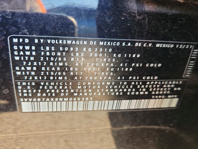 Aukcja sprzedaży 2022 Volkswagen Tiguan, vin: 3VV0B7AX9NM045393, numer aukcji: 53731816